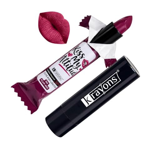 Image of Krayons Cute Pop Matte Lipstick for Women - Shade 180 Plum Red, India's 1st Twist-Wrap Lip Stick, Long Stay Waterproof Lipstic, Rich Pigmented Daily Wear Matt Lipsticks, 3.5g