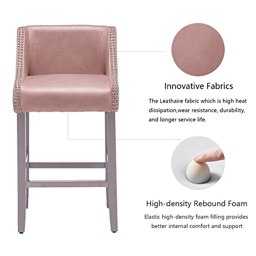 Pink Bar Stools Set Of 2, 28 Inch Modern Bar Height Stools With Back And Nailhead Trim, Upholstered Farmhouse Bar Stool Bar Chairs For Kitchen Island, Home Bar Pub, Pink And Gray #TOP3