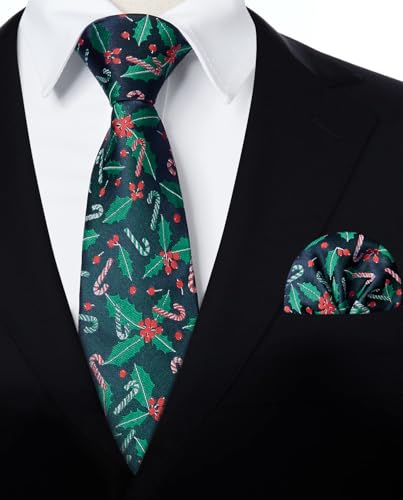 Image of HISDERN Christmas Ties for Men Holiday Tie and Pocket Square Cufflinks Festival Party Xmas Funny Silk Woven Necktie