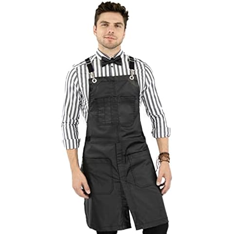 Under NY Sky Cross-Back Black Apron - Chrome Hardware, Coated Twill, Leather Reinforcement, Split-Leg - Adjustable for Men, Women, Pro Barber, Tattoo, Hair Stylist, Barista, Bartender, Server Aprons Cover