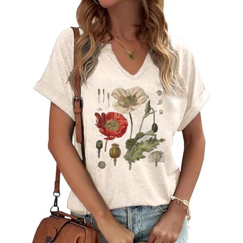 Vintage Flowers V Neck Shirt for Women Boho Floral Wildflowers Graphic Tee Casual Cottagecore Summer T Shirt