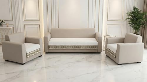 Image of Velvet Quilted Sofa Cover Mat Seat & Back, 3+1+1 Set, Total L115in H32in (3+1+1), White Color,Anti Skid Backing, 6in Hanging Strap Design, Washable Soft, A, Style -White-S311