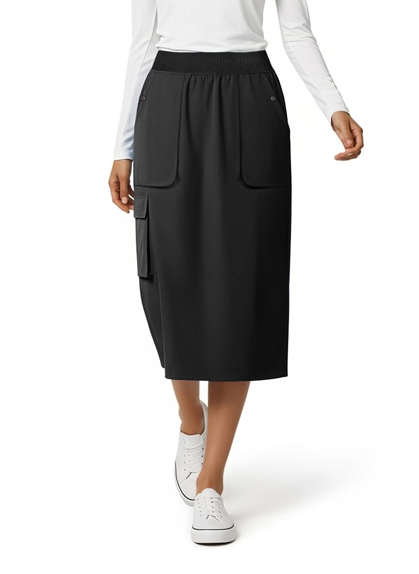 MediChic Womens Cargo 5-Pocket Scrub Skirt 34 Length Knit Waist Flex Fabric