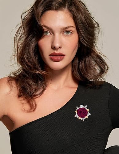 Image of 4Pcs Rose Flower Brooch Pin Handmade Crystal Pearl Fabric Flower Boutonniere Lapel Pin Wedding Party Dance Dress Suit Clothing Accessories for Women Pink Red Blue Grey Color