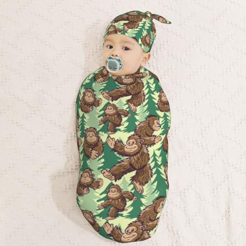 Image of Funny Gorillas and Tree Newborn Swaddle Blankets Hat Sets Soft Baby Receiving Blanket Swaddle for Baby Shower Infant Boy Girl Gift