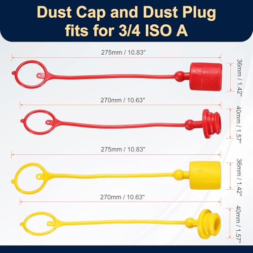 Image of HARFINGTON 2Sets 3 /4 Hydraulic Hose Dust Cap and Plug Kit, ISO-A Male Dust Cap & Female Plug Cover Quick Disconnects Air Coupler Cover Port Plug Fittings with Retention Ring, Red /Yellow