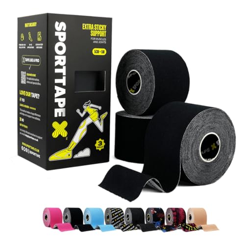 SPORTTAPE Kinesiology Tape 5cm x 5m 3 Rolls Black - Waterproof & Hypoallergenic Kinetic Physio Tape for Muscle Injury Recovery Sports Strapping for Knee Pain Shoulder Joint Support & Blisters