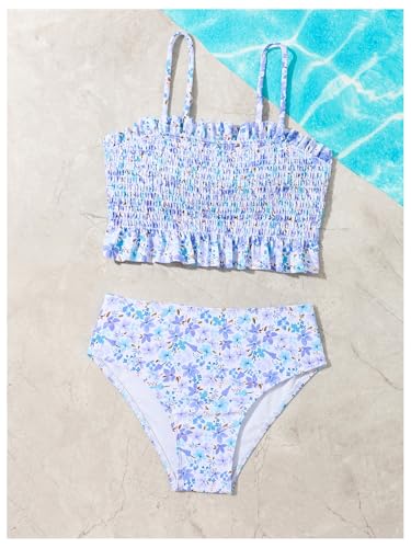 Image of MakeMeChic Girl's Floral Bikini Set Ruffle Hem Backless Smocked Bathing Suit Beachwear