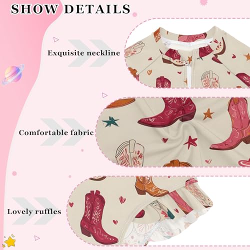 Beautiful Cowboy Boots Girls Long Sleeve Swimsuit Rash Guard One Piece Bathing Suits Zipper 3-12T4