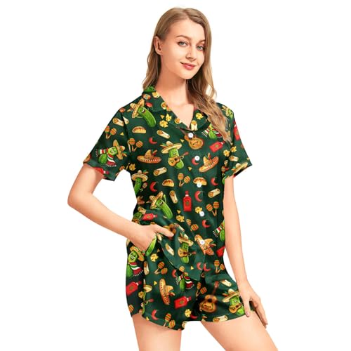 Image of Funny Pajamas for Women Set Print Satin Loungewear Pjs Short Sleeve Button Down Top and Shorts Sets Sleepwear XS-3XL