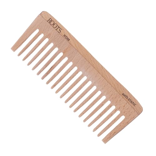 Image of ROOTS Wooden Comb | Wide Teeth | Rounded Teeth prevent Hair & Scalp damage | 100% Natural Wood | Anti-Frizz | For Long, Thick & Dry Hair | For Men & Women | Length - 6.2 Inch, Model No - WD58