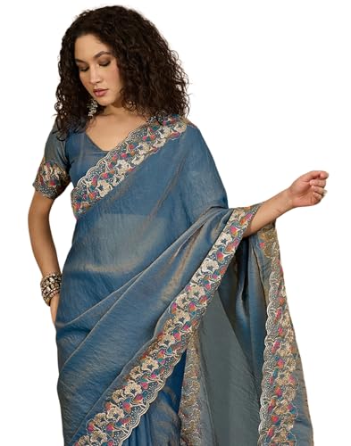 Image of SIRIL Women's Shimmer Georgette Scalloped Border Sequins Embroidery Saree with Unstitched Blouse Piece