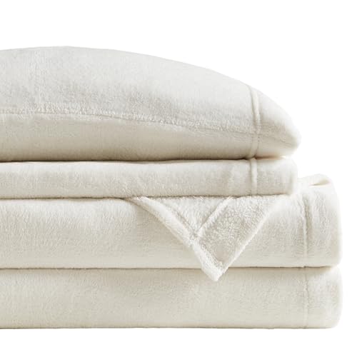 Image of True North by Sleep Philosophy Plush Sheet Set Twin, Solid Color, Warm & Soft Bedding Twin Size Sheets, Fitted Pocket Fits Up to 16 inch Mattress, Soloft, Ivory, 3 Piece