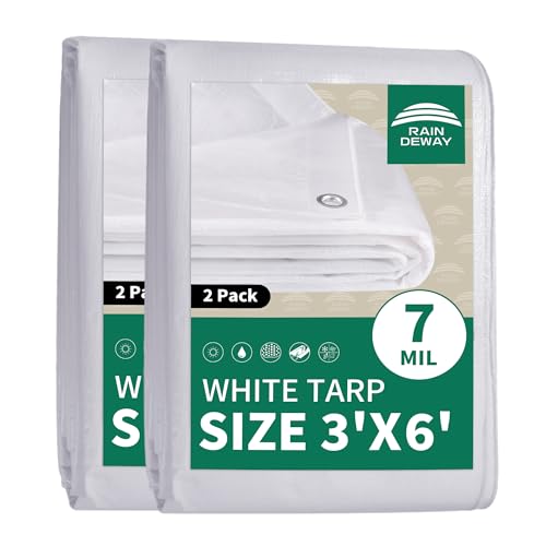 RAINDEWAY Small Tarps 3x6 Feet (2 Pack) Tarp Waterproof,7Mil Thick,Finished Size,UV Resistant,Multipurpose Poly Tarp Cover with Metal Grommets and Reinforced Edges,White Tarps