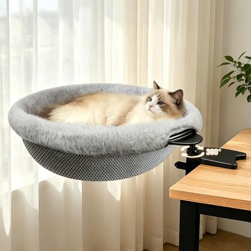 IPOW Heavy Duty Steel Frame 360 Rotating Cat Desk Bed Semi-Circular Cat Bed Soft Faux Rabbit Fur Material Suitable for Various Desktops-Maximum Hold Up to 40lb