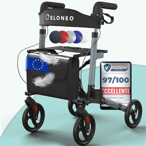 ELONEO Déambulateur 4 Roues Pliable Léger avec Siège - 8 Hauteurs Réglables, Cadre en Aluminium, Aide Mobilité Pliante 3 Directions avec Sac et Porte-Parapluie, Convient aux Voitures (Anthracite)