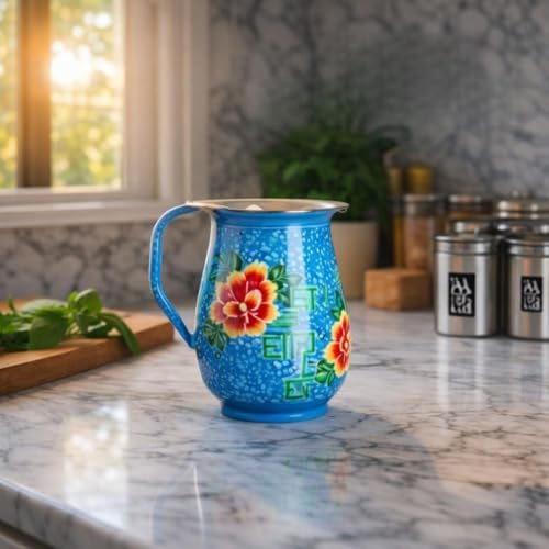 Image of iHandikart Handpainted Decorative Stainless Steel Jug |1.5L | Size - 8 * 6 Inch | Floral Printed Pitcher for Water, Juice & Milk | Decorative Kitchen & Dining Jug | Multipurpose Serving Jar for Home