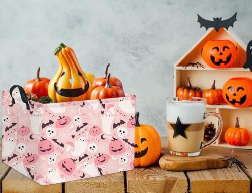 Image of Rectangular Halloween Basket for Boys and Girls Kids Trick or Treat Pumpkin Basket for Halloween Parties Cute Storage Bin Organizer Box Room Decor(Pink ghost pumpkin)