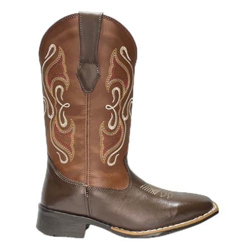 Bota Texana Feminina Adulto em Couro Bico Quadrado cano longo Bordado Kapell (38, Café)