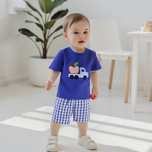 Toddler Baby Boy Back to School Outfits Apple Embroidery Short Sleeves T-Shirt Elastic Plaid Shorts Set 2Pcs Summer2