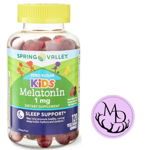 Spring Valley Zero Sugar Kids Melatonin Sleep Support Dietary Supplement Gummies, Raspberry and BlackBerry, 1 mg, 120 Count + Dri Store Sticker.