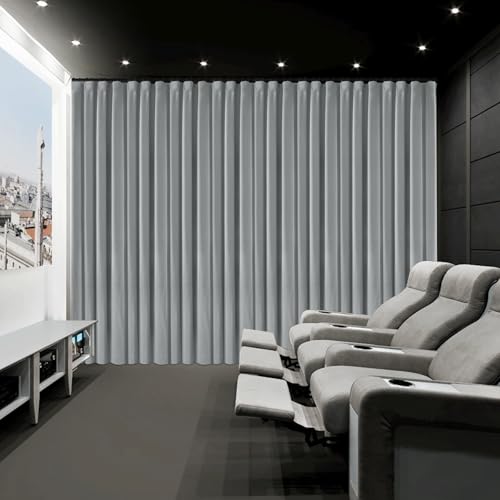 Fcosie Home Theater Curtains 200 in Wide, Flat Hooks Velvet Curtain, Sound Dampening Privacy Protecting 100% Light Blocking Drapes for Home Moive Room Theater Room, 1 Panel, 200" Wx102 L, Silver Grey