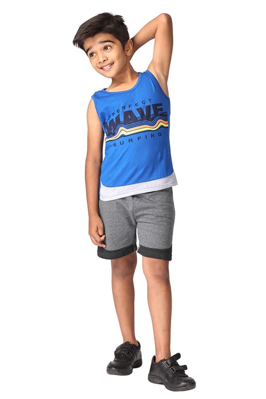 Image of TotzTouch Kids Dress For Boys T shirt | Shorts Set Summer Dress Cotton Sleeveless Tee Shirt Half Pants Clothing Set (Colors Blue, Red, Green Tops & Navy, Black, Grey Shorts) Age 1 years to 15 years