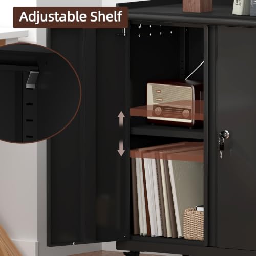 Image of Metal Cabinet with Wheels, Steel Cabine with Locking Doors, Small Cabinet with Adjustable Shelf, Tool Cabinets for Garage, Suitable for Home Office, Garage, Office