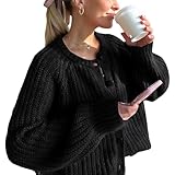 Picture of Watashi Womens Cardigan Sweater Fall Button Down Long Sleeve Sweater Chunky Knitwear Casual Open Front Loose Cardigan Coat (Black-XS)