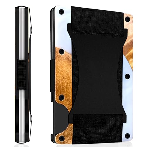 Resin Wood Pattern Aluminum Wallet for Men & Women, Slim, Minimalistic & Seamless Blocks RFID Scanners with a Cash Strap Card Holder Wallet Strap White