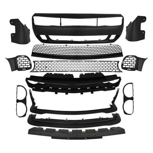 KARPAL Front Bumper Kit Upper Lower Grille & Bumper Conversion Cover & Lip and Fog Light Covers Fit for 2015-2023 Dodge Challenger Hellcat Style w/Grille Lip 13PCS