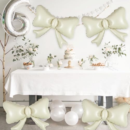 Image of 6 Pieces Bow Balloons, Cream White Matte Metallic Foil Bowtie Balloon for Women Men Girls Boys Beige Bow Happy Birthday Party, Boho Groovy Party, Baby Shower, Balloon Garland Accessories