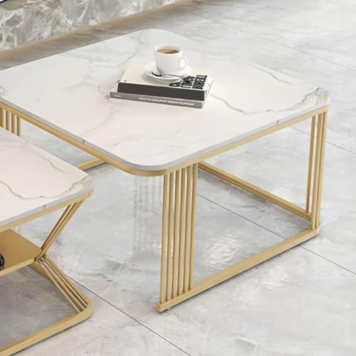 Image of Furniture Cafe Modern Nesting Square Coffee Table Set of 2 - White Marble Top with Gold Metal Frame, Living Room Accent Center Table with Storage Shelf