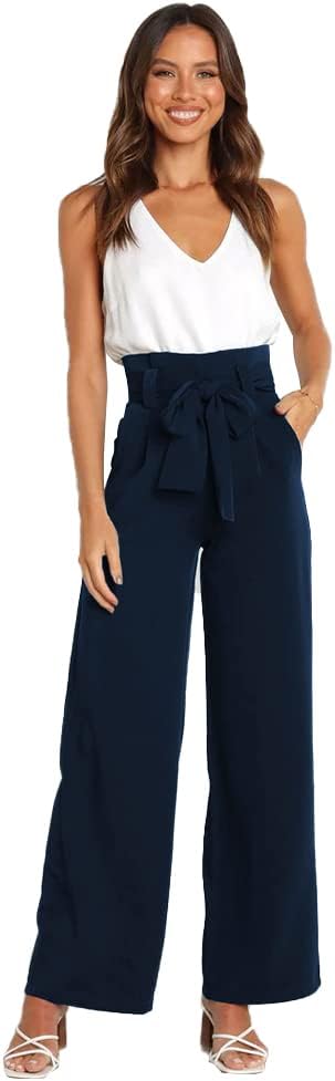 ABAFIPWomen's High Waist Wide Leg Pants Business Work Office Casual Flared Palazzo Long Pants Belted Trousers