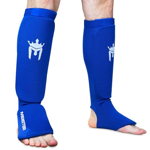 Meister Protectores Acolchados para espinillas y empeines de Tejido elástico para MMA (Par) - Azul - Grandes/XL