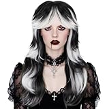 IMEYLE Black and White Wig Long Black White Gradient Wavy Wigs Layered Wolf Cut Vampire Wig for Women Shoulder Length Wigs for Cosplay Costume Outfit Halloween Party + Hair Cap