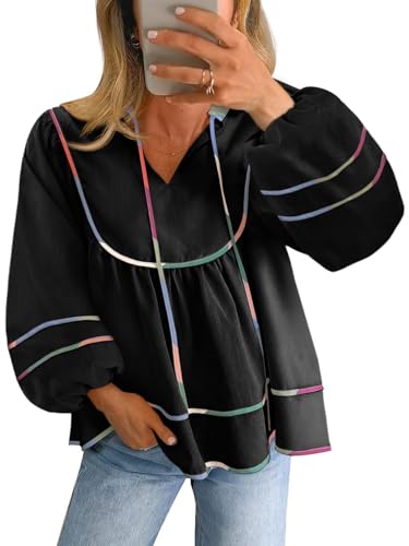 Cicy Bell Womens Long Sleeve Peplum Tops Flowy Babydoll Blouses Cute Loose Fit V Neck Shirts