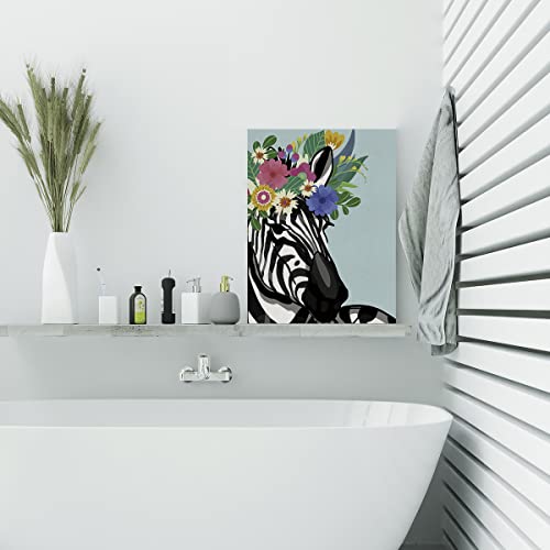 Floral Crown Zebra Canvas Poster Painting Wall Art, Zebra Picture Artwork Framed Print Ready To Hang For Home Living Room Bathroom Wall Decor 12 X 15 Inch #TOP5