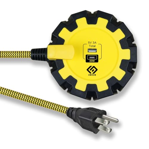 OSKOS PD20W Cargador USB-C, Dos Puertos (USB-A y C), Multitomas de 8 Enchufes con Cable Trenzado 14/3 de 6FT, Protección Contra Sobretensión de 500 Julios, Interruptor Térmico Incorporado de 15A, Listado UL, Montable en Pared
