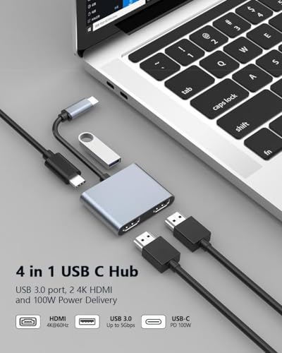 Image of USB C to Dual HDMI Adapter 4K30hz, Type C to HDMI Splitter for 2 Monitors, 4 in 1 USB C Hub 2 HDTV, USB 3.0, 100W PD, Extended Display for MacBook Air /Pro Thunderbolt 4, Multiport Two Screen Dongle