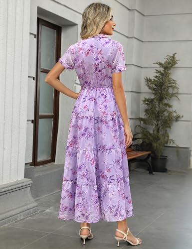 Image of Kranda Women 2026 Summer Collared V Neck Short Sleeve Button Down Chiffon Long Tiered Floral Maxi Dress with Pockets