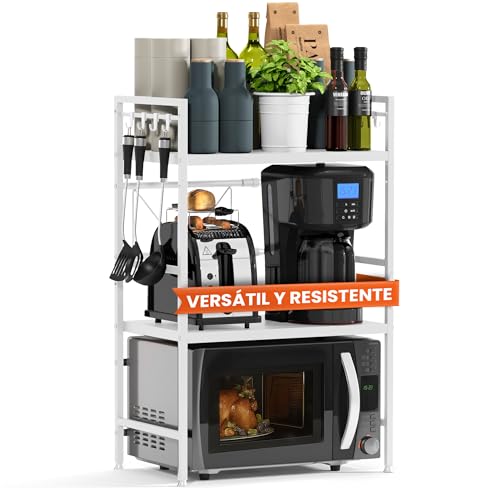 Heldenwunder Estantería Microondas Estantes Cocina Acero (3 Niveles) | Mueble Microondas Horno Estanterias Almacenaje Organizador Estante Panadería Ajustable + Instrucciones en Vídeo, Ganchos – Blanco