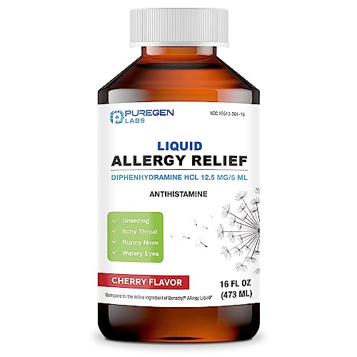 Puregen Labs Allergy Relief Oral Solution Diphenhydramine HCl 12.5mg/5 mL Antihistamine Cherry Flavor 16 Ounces