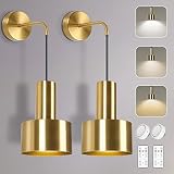 Gold Battery Operated Wall Sconce, Wireless Wall Lights Set of 2, Dimmable Wall lamp with Remote Con