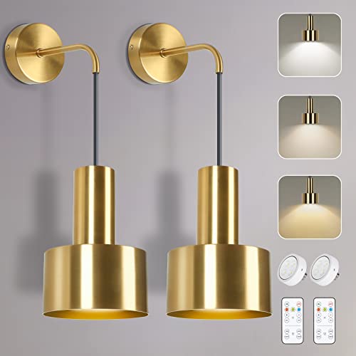 Gold Battery Operated Wall Sconce, Wireless Wall Lights Set Of 2, Dimmable Wall Lamp With Remote Control, 3000K-6000K Adjustable Modern Luxury Led Light Fixtures For Kitchen Bedroom Living Room Stairs #TOP13