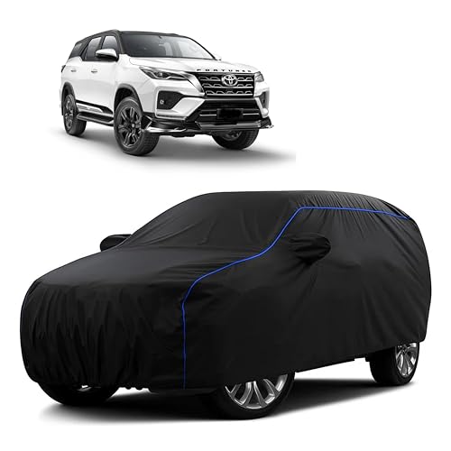 Image of Sulfar 100% Water Resistant Car Body Cover Compatible with Mirror for Toyota Fortuner (Triple Stitched, Full Bottom Elastic, Black Tafetta with Blue Piping)