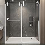 56-60' W x 75' H Glass Shower Door, Frameless Shower Door with 5/16' (8mm) Clear SGCC Tempered Glass, Explosion-Proof Film, Stainless Steel Hardware, Brushed Nickel