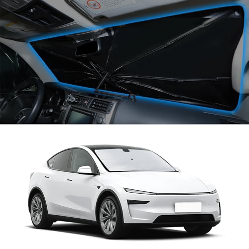 Image of Windshield Sun Shade Umbrella for 2017-2026 Tesla Model Y Model 3 | Full covered for windshield, Block UV Rays, Heat Reduction, Easy to install, Durable & Fold Up Small