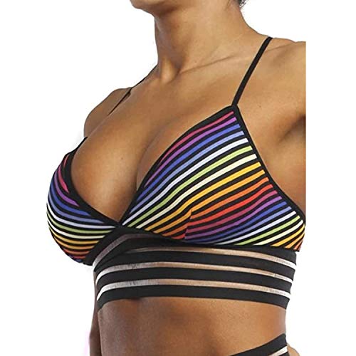 Fittoo Women's Medium Impact Padded Sports Camisole Bra Yoga Fitness Workout Tops Striped Print Rainbow M #TOP4