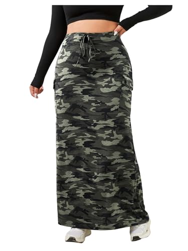 Verdusa Women's Plus Size Casual Drawstring High Waist Camo Print Bodycon Long Skirt